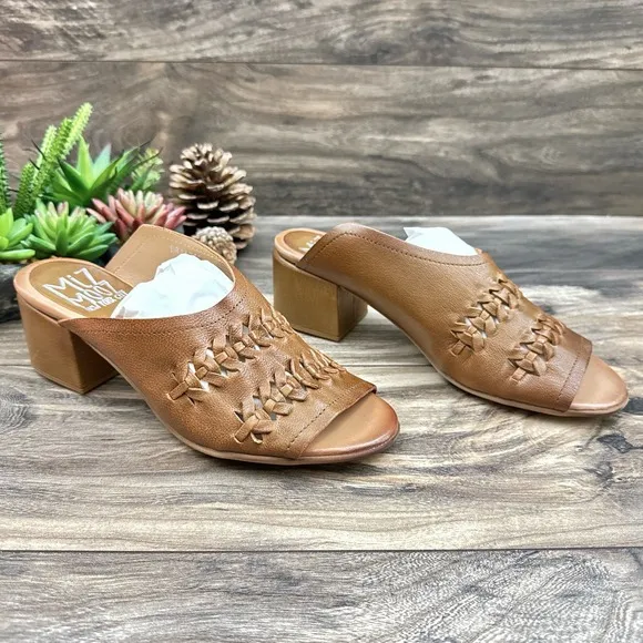 NIB Miz Mooz Briar 38 7.5-8 Whipstitch Leather Heeled Slide Sandal Brandy Brown