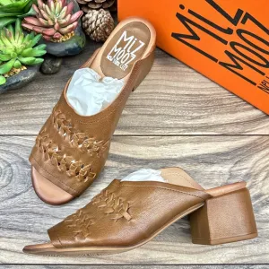 NIB Miz Mooz Briar 38 7.5-8 Whipstitch Leather Heeled Slide Sandal Brandy Brown