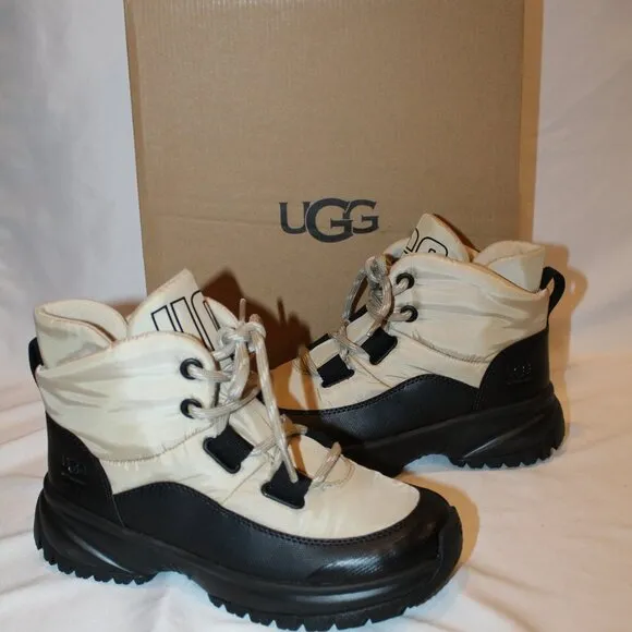 NIB UGG WOMEN'S YOSE WATERPROOF PUFFER‎ LACE UP ANKLE SNOW BOOTS TAN BLACK