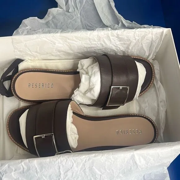 NIB Peserico Brown Slides Buckled Sandals