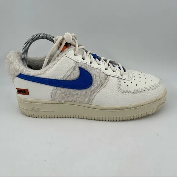 Nike Women’s Air Force One Sherpa Fleece White Blue Leather Sneakers - Size 7