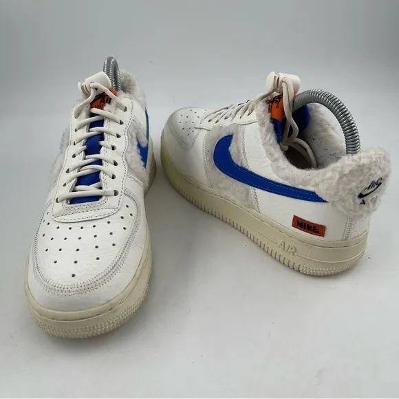 Nike Women’s Air Force One Sherpa Fleece White Blue Leather Sneakers - Size 7