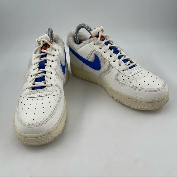 Nike Women’s Air Force One Sherpa Fleece White Blue Leather Sneakers - Size 7