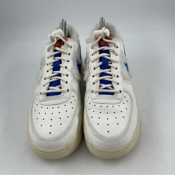 Nike Women’s Air Force One Sherpa Fleece White Blue Leather Sneakers - Size 7