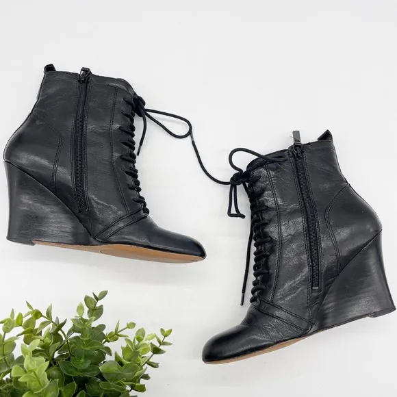 Nine West Black Leather Lace Up Combat Wedge Boot