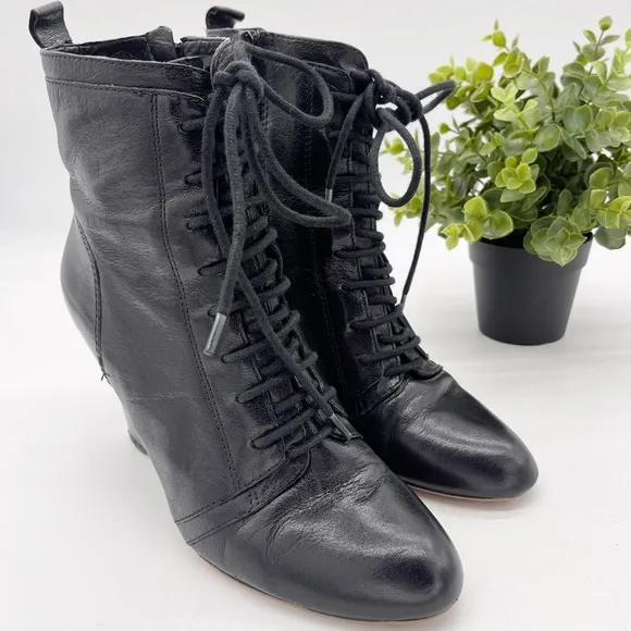 Nine West Black Leather Lace Up Combat Wedge Boot