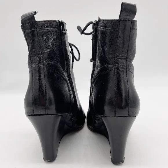 Nine West Black Leather Lace Up Combat Wedge Boot