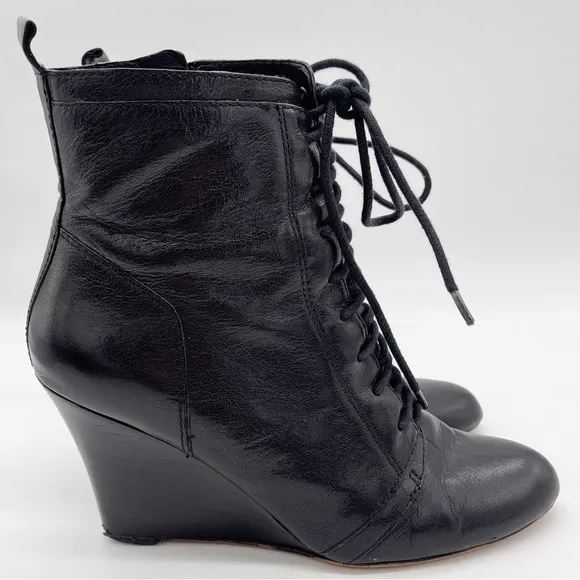 Nine West Black Leather Lace Up Combat Wedge Boot