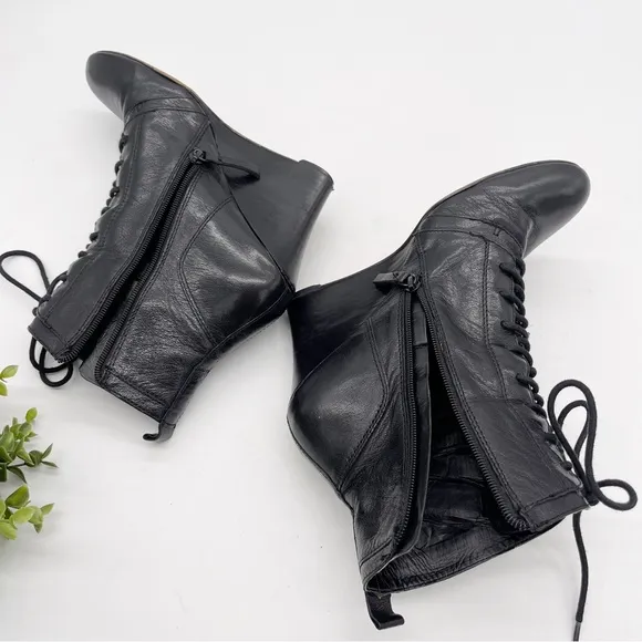 Nine West Black Leather Lace Up Combat Wedge Boot