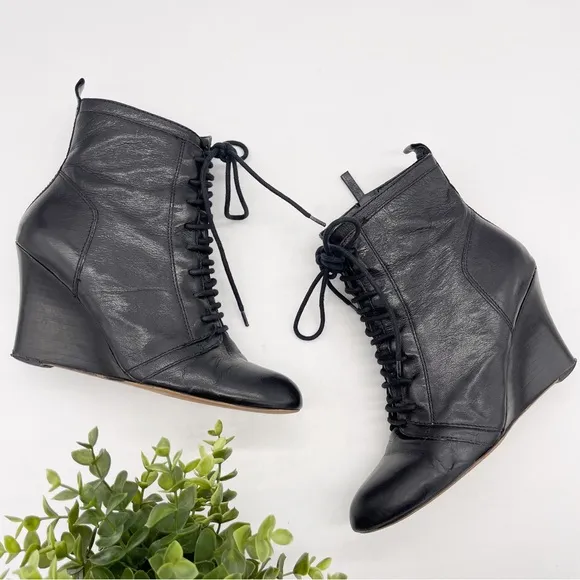 Nine West Black Leather Lace Up Combat Wedge Boot