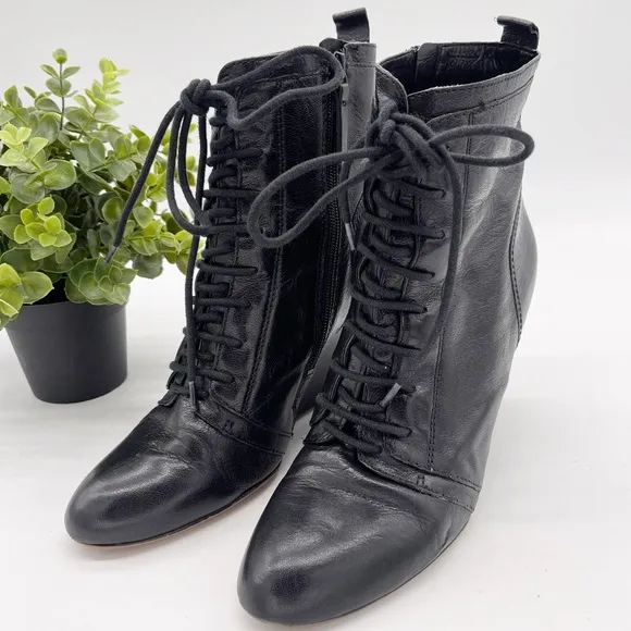 Nine West Black Leather Lace Up Combat Wedge Boot