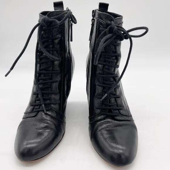 Nine West Black Leather Lace Up Combat Wedge Boot