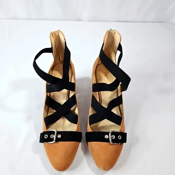 Nine West Tan&amp;Black Suede Strappy Heels Sz 10
