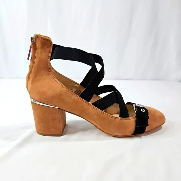 Nine West Tan&amp;Black Suede Strappy Heels Sz 10