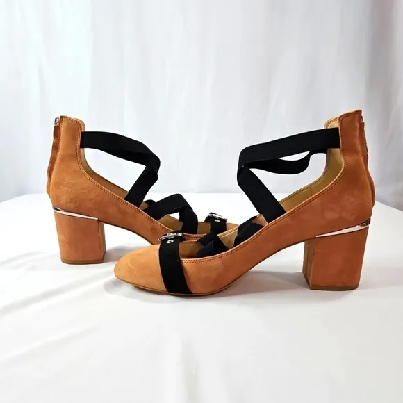 Nine West Tan&amp;Black Suede Strappy Heels Sz 10
