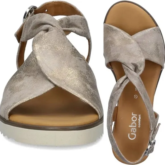 NWB GABOR Caruso Metallic Muschel Twist Sandal Kork/Cream Wedge - US 9 WIDE