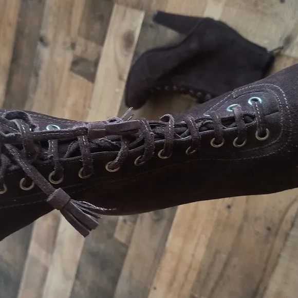 NWOT All Saints Grimsby Brown Suede Leather Lace Up Tassel Heeled Ankle Boots