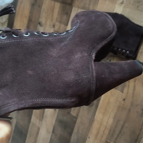 NWOT All Saints Grimsby Brown Suede Leather Lace Up Tassel Heeled Ankle Boots