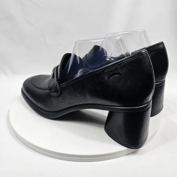 NWOT Camper Kiara Heeled Loafer Slip On Leather Ortholite Block Heel Black 41 10