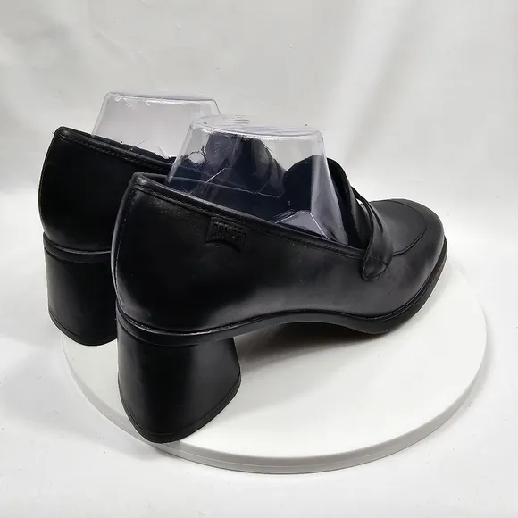 NWOT Camper Kiara Heeled Loafer Slip On Leather Ortholite Block Heel Black 41 10