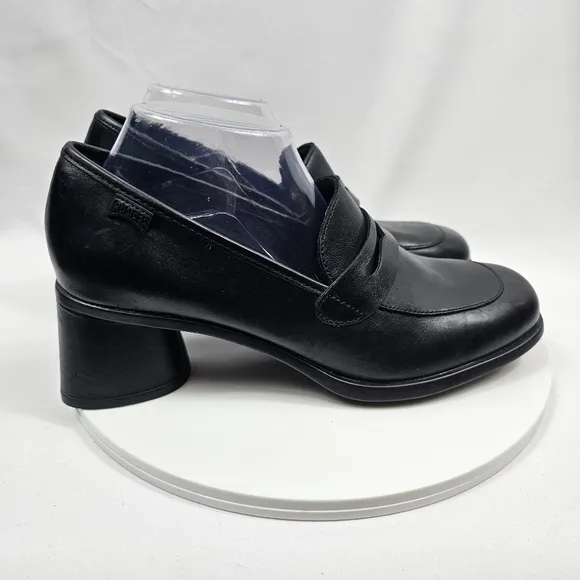 NWOT Camper Kiara Heeled Loafer Slip On Leather Ortholite Block Heel Black 41 10