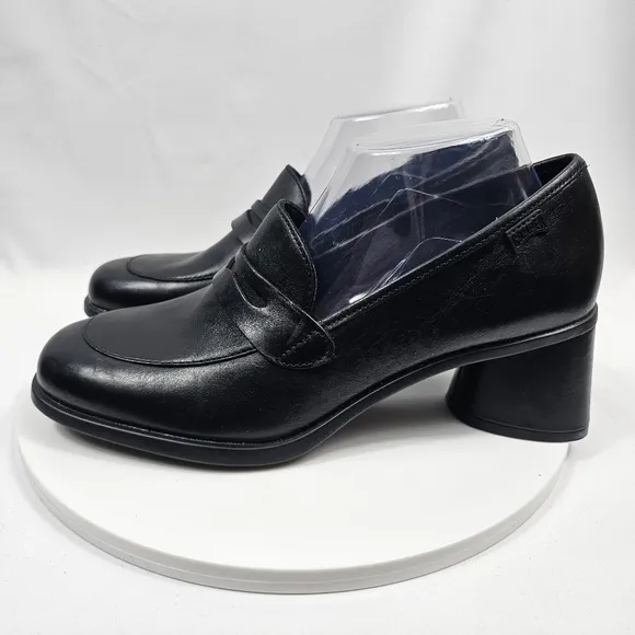 NWOT Camper Kiara Heeled Loafer Slip On Leather Ortholite Block Heel Black 41 10