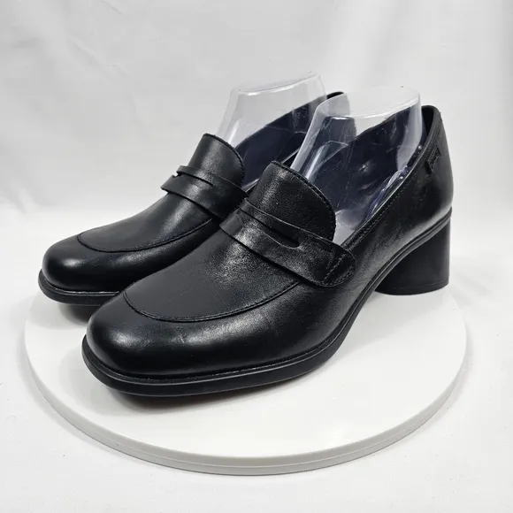 NWOT Camper Kiara Heeled Loafer Slip On Leather Ortholite Block Heel Black 41 10