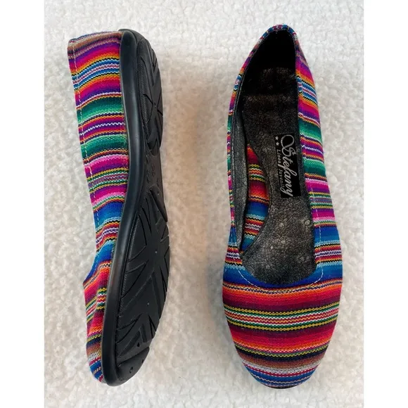 (NWOT) STEFANY • Peruvian Rainbow Striped Fabric Rounded Toe Ballet Flats