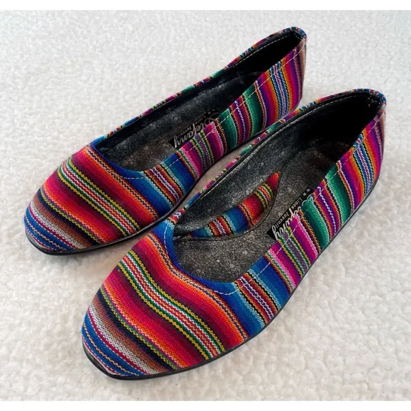 (NWOT) STEFANY • Peruvian Rainbow Striped Fabric Rounded Toe Ballet Flats
