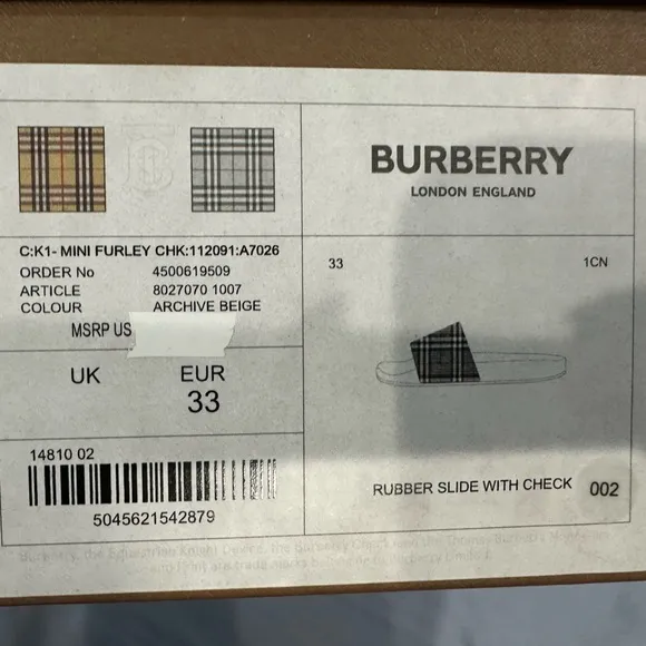 NWT Burberry Check Slide Sandals kids size EU33 US2