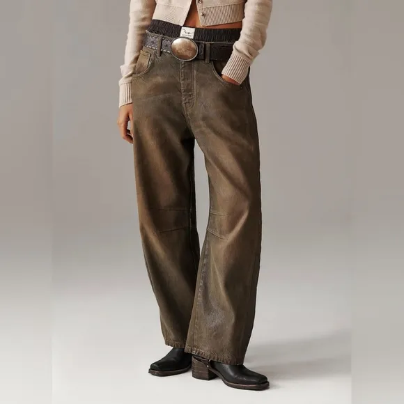 NWT Free People We The Free Good Luck Coated Wide Leg Barrel Brown Jeans 29