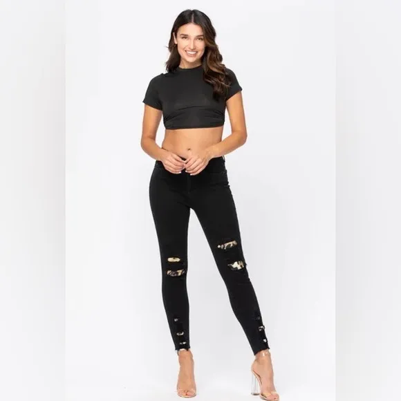 NWT Judy Blue Leopard Patch Skinny Black Jeans