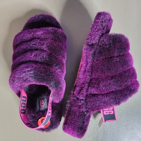 NWT UGG Fluff Yeah Plush Purple Slide Sandals Purple Lambswool Wool Shearling 6