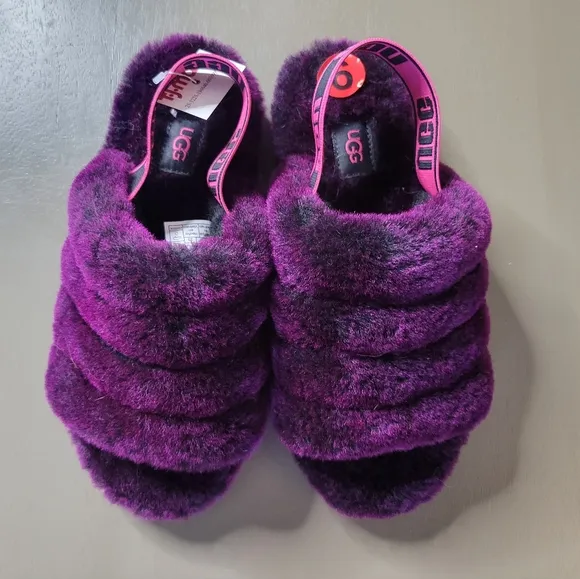 NWT UGG Fluff Yeah Plush Purple Slide Sandals Purple Lambswool Wool Shearling 6
