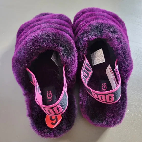 NWT UGG Fluff Yeah Plush Purple Slide Sandals Purple Lambswool Wool Shearling 6