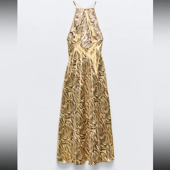 NWT ZARA foil animal print halter neck dress