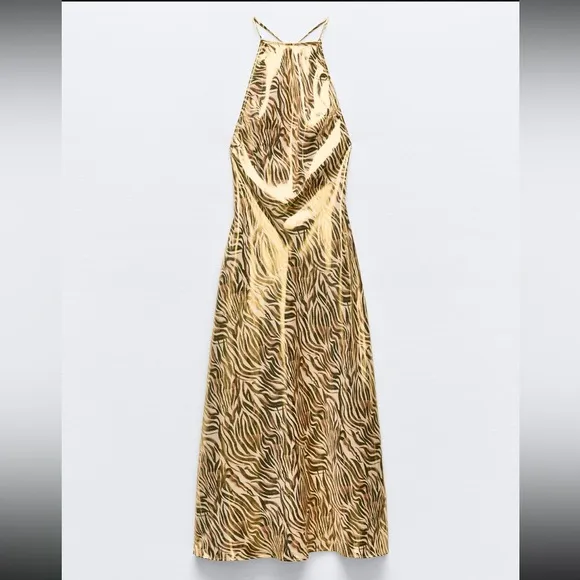 NWT ZARA foil animal print halter neck dress