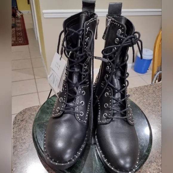 NWT Zara studded leather lace up boots