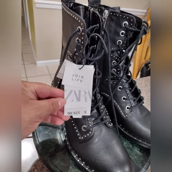 NWT Zara studded leather lace up boots