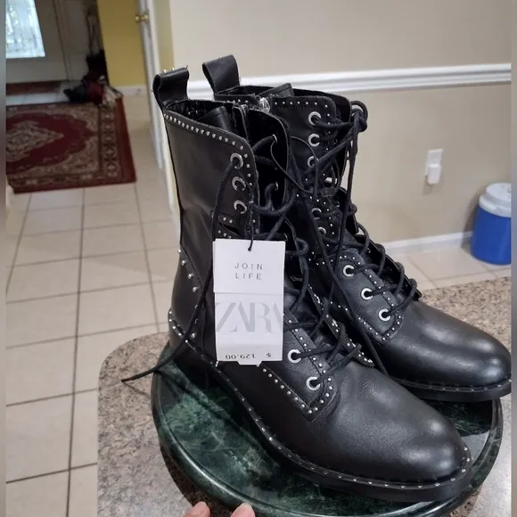 NWT Zara studded leather lace up boots