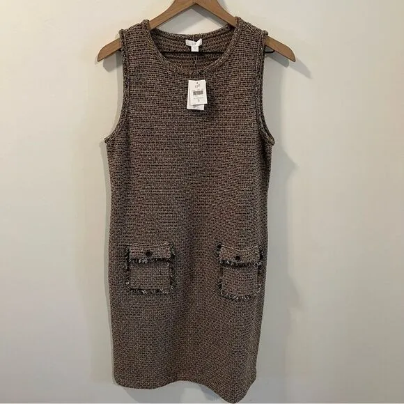 NWT J.Jill Butterscotch Brown Stretch Knit Tweed Sleeveless Dress | Size S