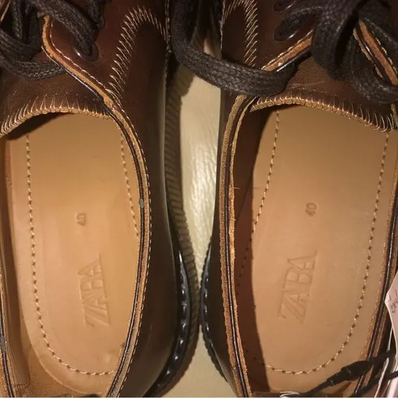 NWT ZARA Unisex Chunky heel brown genuine Leather Loafers M Sz (40) 7 W