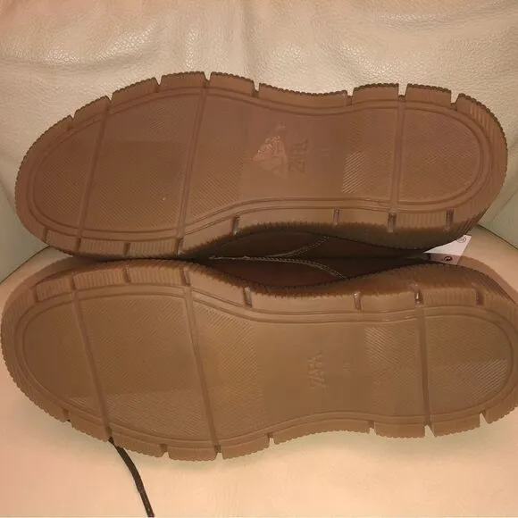 NWT ZARA Unisex Chunky heel brown genuine Leather Loafers M Sz (40) 7 W