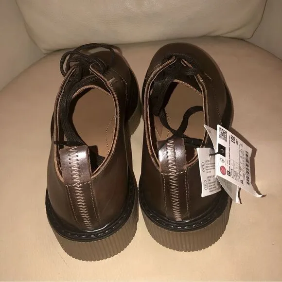 NWT ZARA Unisex Chunky heel brown genuine Leather Loafers M Sz (40) 7 W