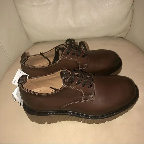 NWT ZARA Unisex Chunky heel brown genuine Leather Loafers M Sz (40) 7 W