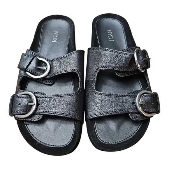 NYDJ Black Buckle Slide Sandals In Distressed Goat Size 6 NIB