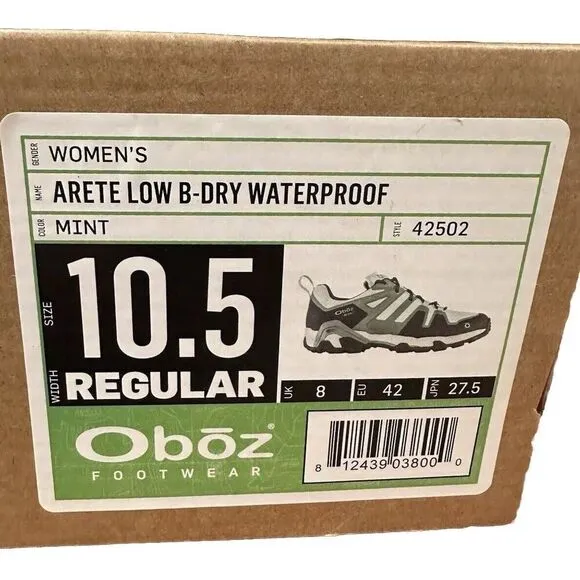 Oboz Arete Low B-Dry Waterproof Hiker Women's US 10.5 Mint/Black 42502 Sneakers