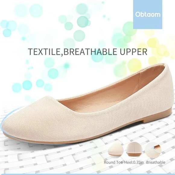 Obtaom Flat Shoes Women Cream Textile Slip on Ballet soft and comfortable.Shoes