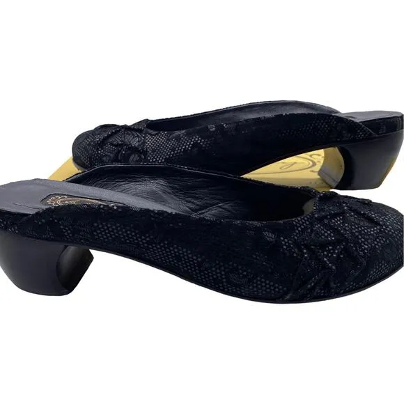 Old Money Salpy Black Lace Leather Handcrafted Womens 8.5 Cottage Slides Mules