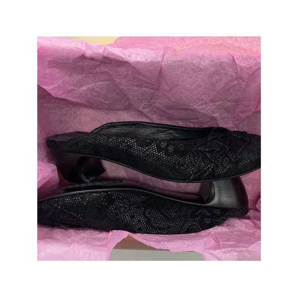 Old Money Salpy Black Lace Leather Handcrafted Womens 8.5 Cottage Slides Mules